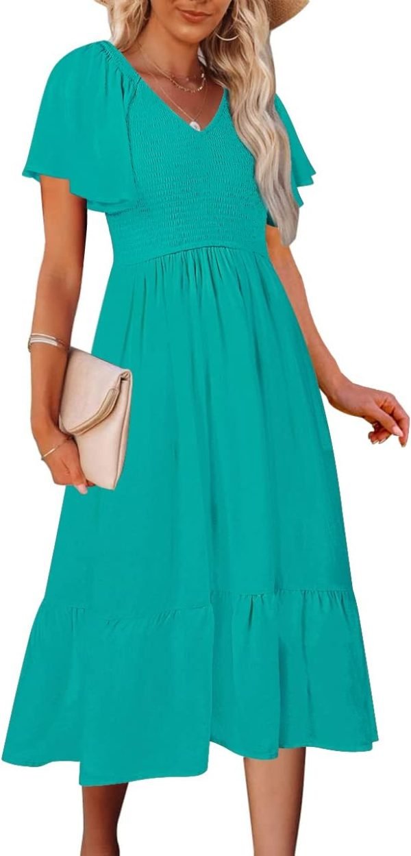 Saonta  Women's Summer Casual V Neck Ruffle Sleeve Smocked High Waist Midi Dress with Pockets