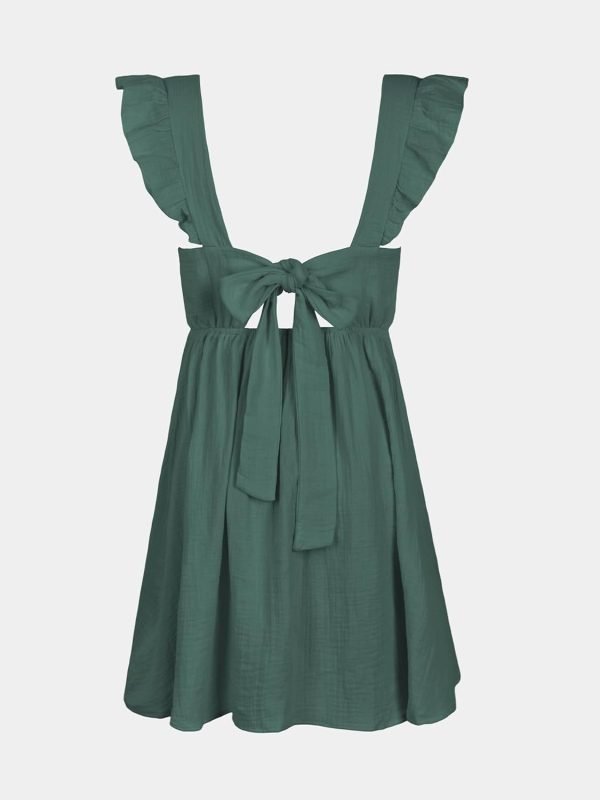 Saonta  Women's Mini Dress V Neck Flutter Sleeve Cotton Self Tie Back A Line Short Summer Cover Up Dress