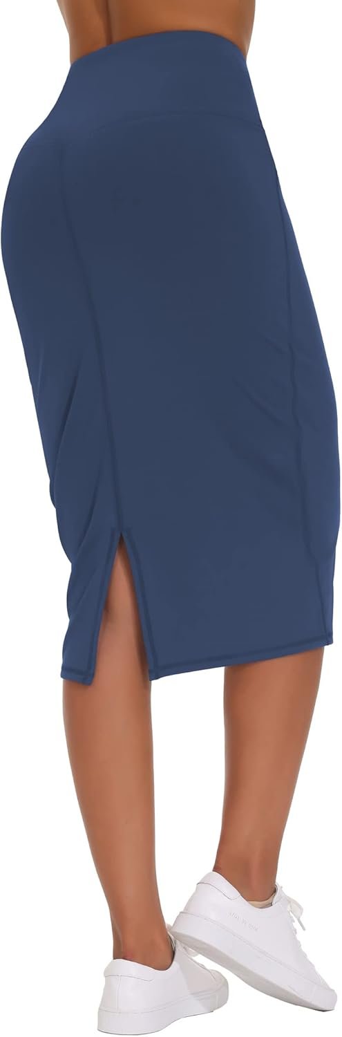Saonta E Women's High Waist Tummy Control Pencil Skirts Stretchy Bodycon Midi Skirt below Knee with Back Slit