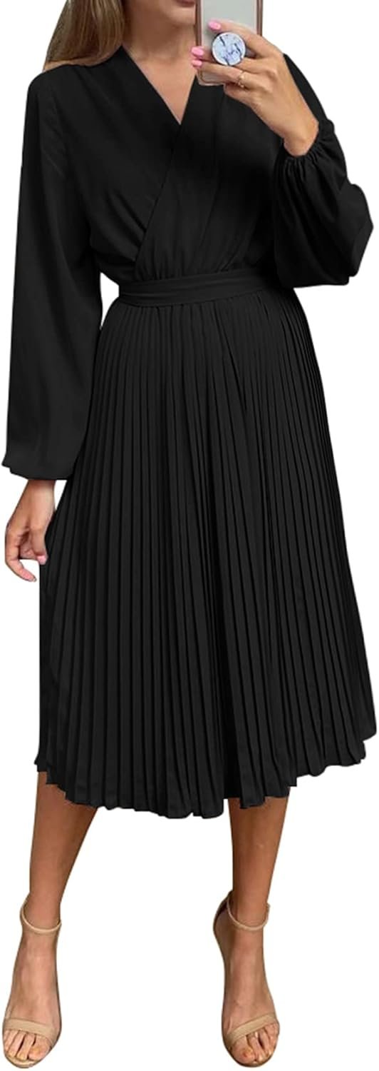 Saonta  Womens V Neck Flowy Ruffle Pleated Casual Fall Dress