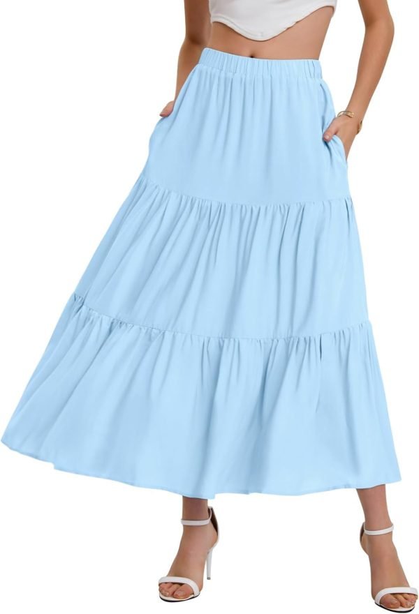 Saonta  Women??s Summer Boho Elastic Waist A-Line Beach Flowy Swing Ruffle Hem Tiered Maxi Skirt with Pockets