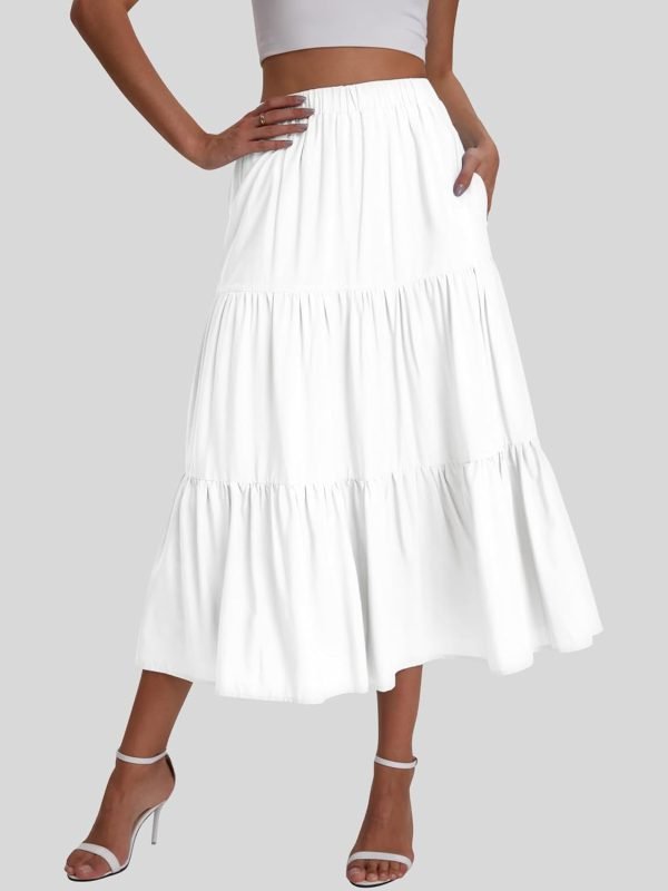 Saonta  Women??s Summer Boho Elastic Waist A-Line Beach Flowy Swing Ruffle Hem Tiered Maxi Skirt with Pockets