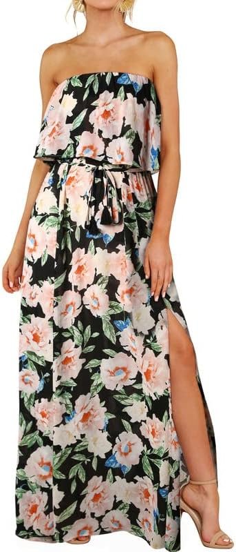 Saonta  Womens Strapless Dresses Casual Summer High Waist Side Split Flowy Boho Maxi Dress