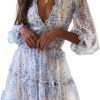 Saonta  Womens 2024 Spring Summer Deep V Neck Ruffle Floral Flowy Mini Dress