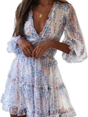 Saonta  Womens 2024 Spring Summer Deep V Neck Ruffle Floral Flowy Mini Dress