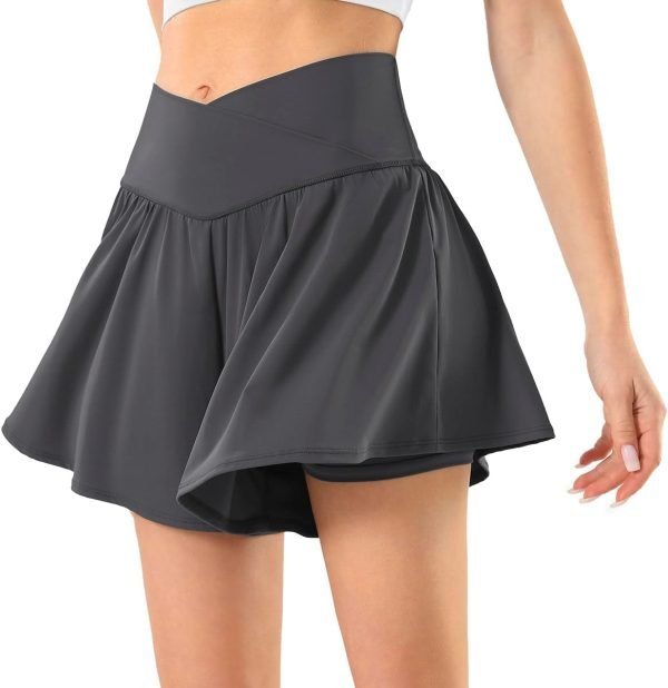 Womens Tennis Skirt with Pockets Crossover High Waisted Athletic Shorts Golf Skorts Flowy Running Workout Shorts