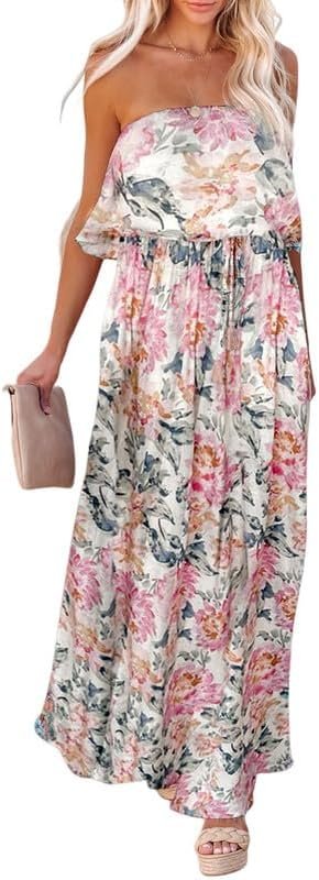 Saonta  Womens Strapless Dresses Casual Summer High Waist Side Split Flowy Boho Maxi Dress