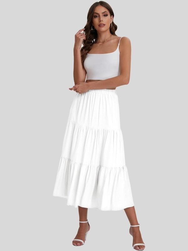 Saonta  Women??s Summer Boho Elastic Waist A-Line Beach Flowy Swing Ruffle Hem Tiered Maxi Skirt with Pockets