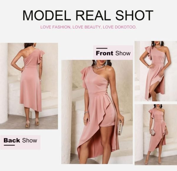 Saonta  Womens One Shoulder Sleeveless Ruffle Empire Waist Asymmetrical High-Low Bodycon Formal Wedding Guest Midi Dresses