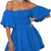 Saonta  Womens Off The Shoulder Summer Dresses 2024 Short Lantern Sleeve Ruffle Elastic Waist A-Line Casual Mini Dress