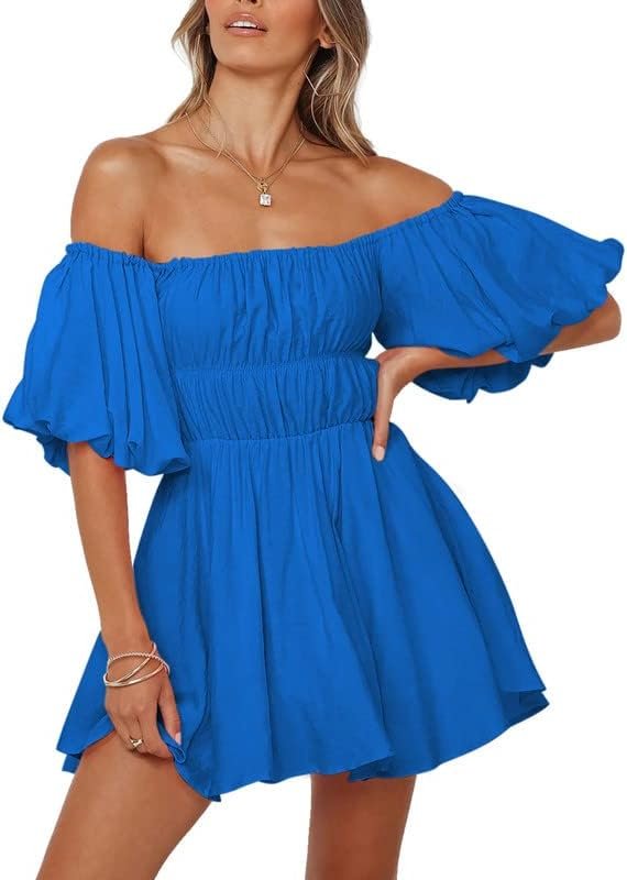 Saonta  Womens Off The Shoulder Summer Dresses 2024 Short Lantern Sleeve Ruffle Elastic Waist A-Line Casual Mini Dress