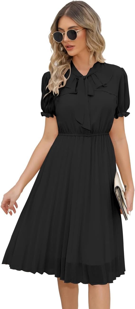 Saonta  Work Dresses for Women 2023 Long Sleeves Chiffon Black Dress Retro Pleated Buttons Down Bow Tie Loose Causal Dresses