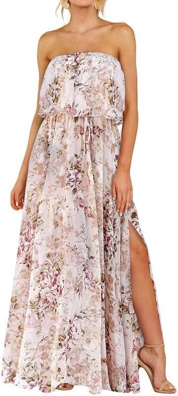 Saonta  Womens Strapless Dresses Casual Summer High Waist Side Split Flowy Boho Maxi Dress
