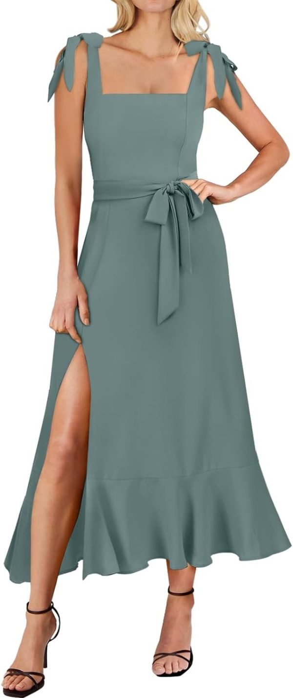 Saonta  Women's Square Neck Ruffle Split Midi Elegant Formal Wedding Guest Cocktail Bridesmaid Graduation Party Dresses 2024