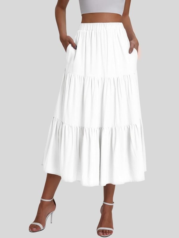 Saonta  Women??s Summer Boho Elastic Waist A-Line Beach Flowy Swing Ruffle Hem Tiered Maxi Skirt with Pockets