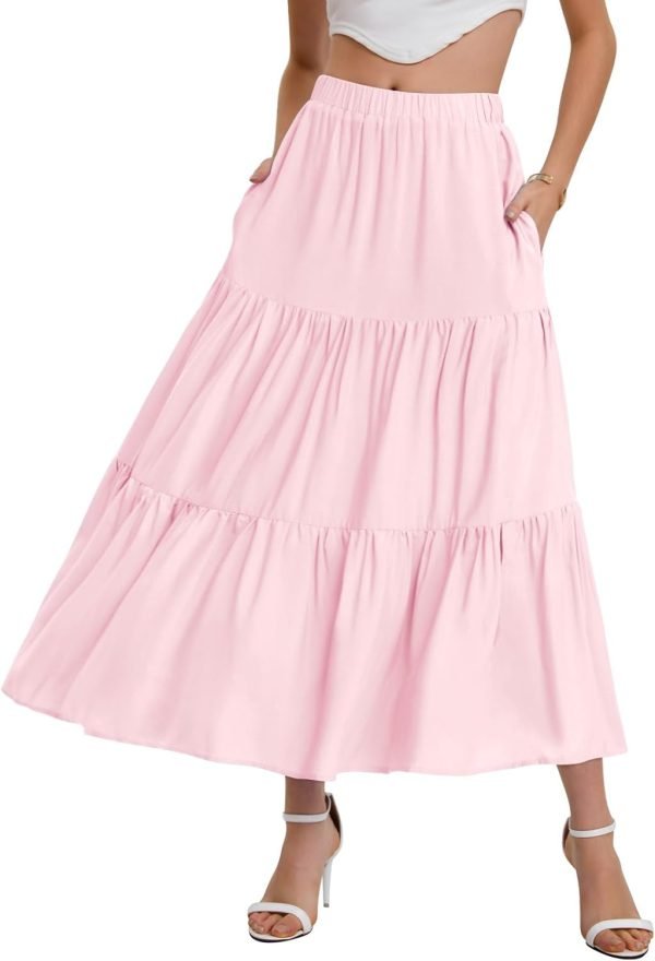 Saonta  Women??s Summer Boho Elastic Waist A-Line Beach Flowy Swing Ruffle Hem Tiered Maxi Skirt with Pockets