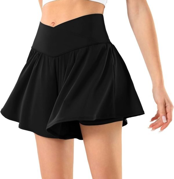Womens Tennis Skirt with Pockets Crossover High Waisted Athletic Shorts Golf Skorts Flowy Running Workout Shorts