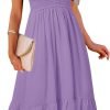 Saonta  Women's Summer Casual V Neck Ruffle Sleeve Smocked High Waist Midi Dress with Pockets