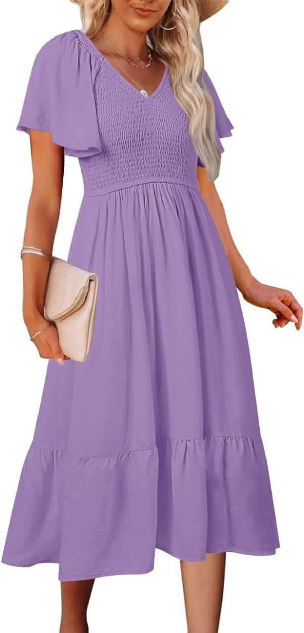 Saonta  Women's Summer Casual V Neck Ruffle Sleeve Smocked High Waist Midi Dress with Pockets