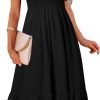 Saonta  Women's Summer Casual V Neck Ruffle Sleeve Smocked High Waist Midi Dress with Pockets