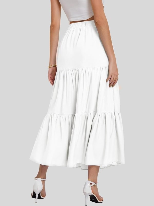 Saonta  Women??s Summer Boho Elastic Waist A-Line Beach Flowy Swing Ruffle Hem Tiered Maxi Skirt with Pockets