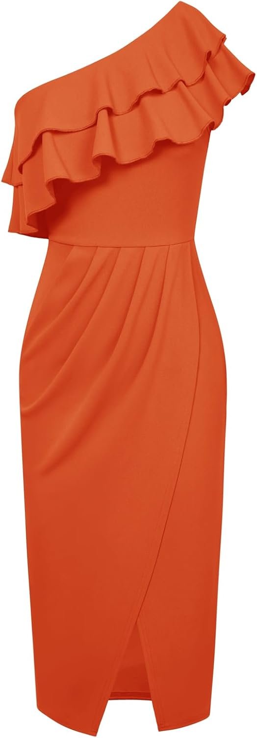 Saonta  KARIN Women's One Shoulder Cocktail Dress Sleeveless Sexy Ruched Bodycon Layered Ruffle Slit Party Midi Dresses