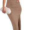 Saonta  Women's Cap Sleeve Mock Neck Midi Dress High Slit Bodycon Ruched Sexy Cocktail Party Dresses