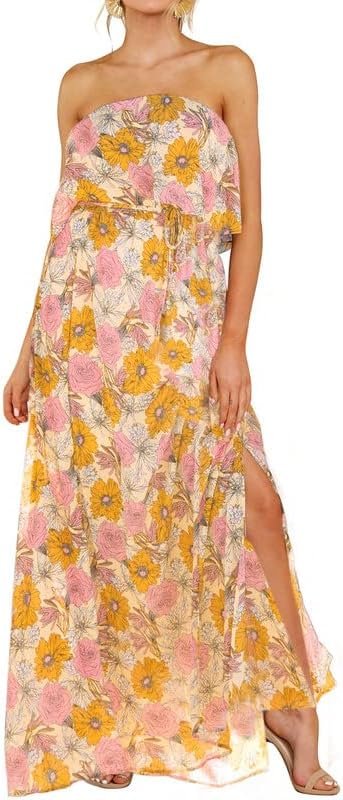 Saonta  Womens Strapless Dresses Casual Summer High Waist Side Split Flowy Boho Maxi Dress