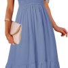 Saonta  Women's Summer Casual V Neck Ruffle Sleeve Smocked High Waist Midi Dress with Pockets