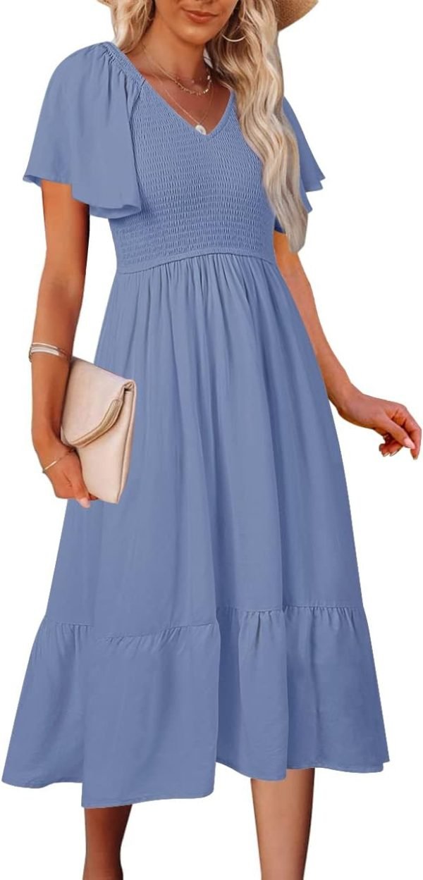 Saonta  Women's Summer Casual V Neck Ruffle Sleeve Smocked High Waist Midi Dress with Pockets