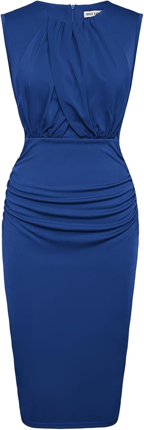 Saonta  Women's Ruched Bodycon Dress Summer Sleeveless Front Drape Patchwork Crew Neck Midi Cocktail Dress