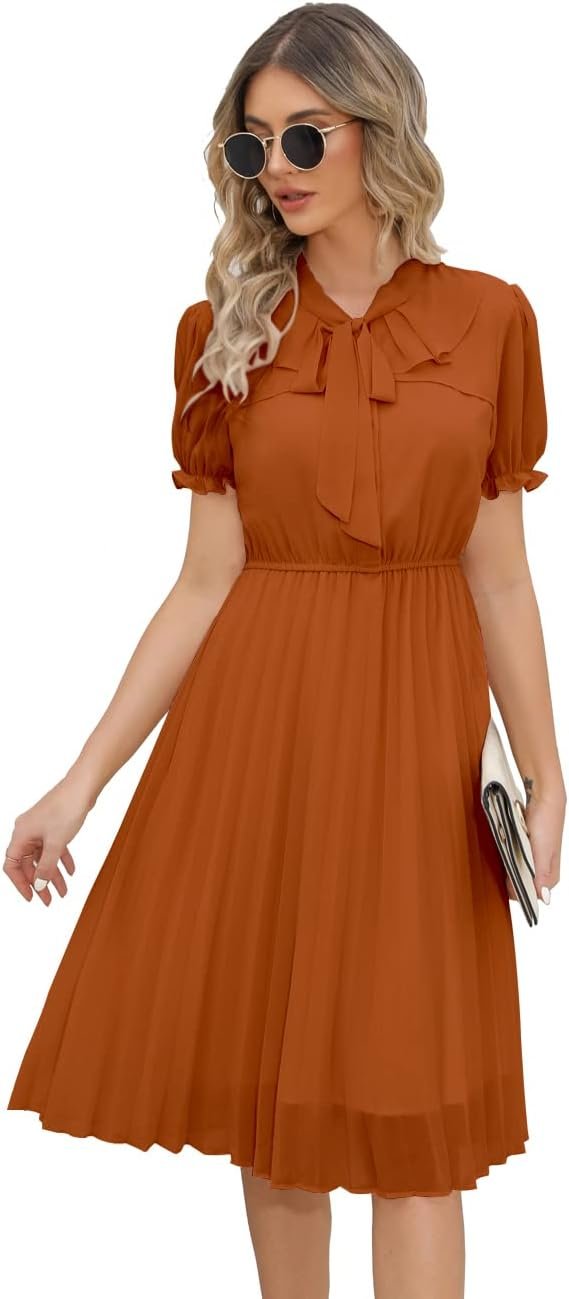 Saonta  Work Dresses for Women 2023 Long Sleeves Chiffon Black Dress Retro Pleated Buttons Down Bow Tie Loose Causal Dresses