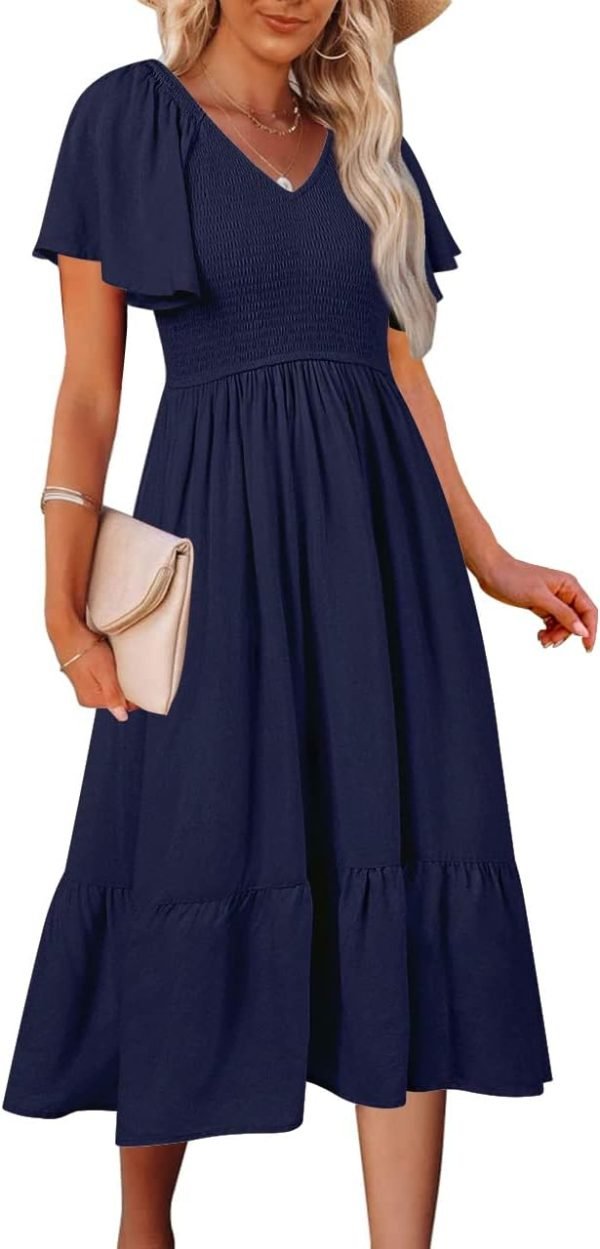 Saonta  Women's Summer Casual V Neck Ruffle Sleeve Smocked High Waist Midi Dress with Pockets
