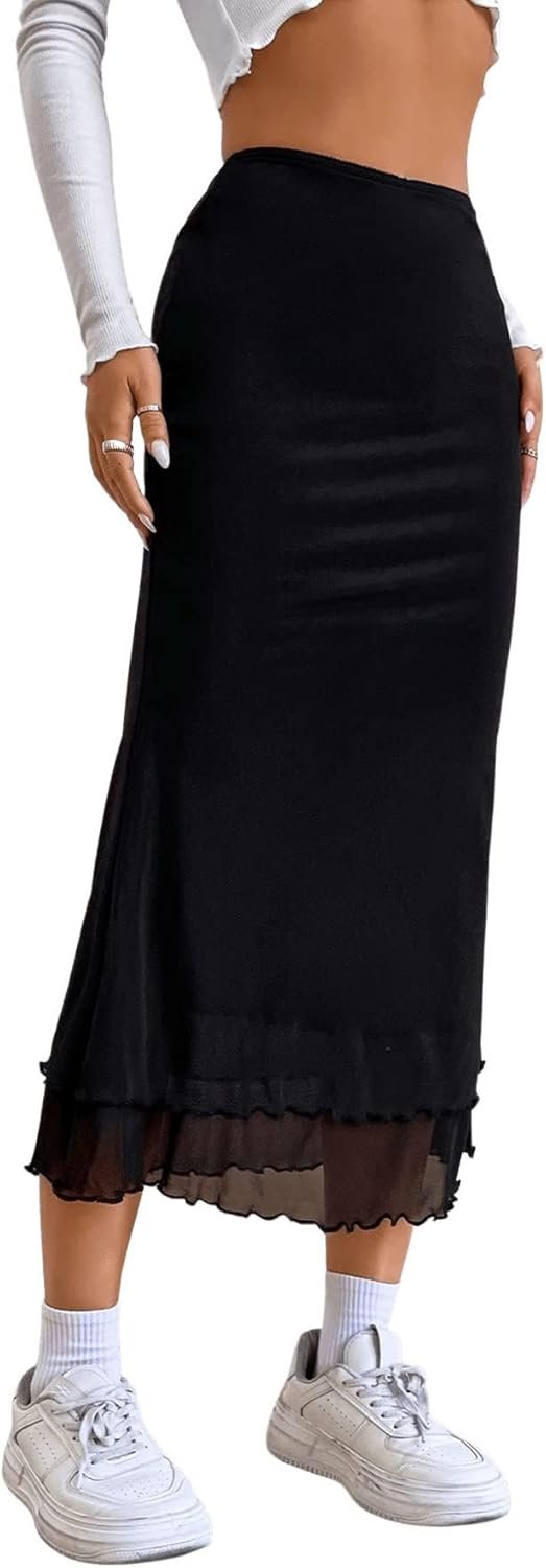 Saonta  Women's Lettuce Trim High Waist Mesh Fishtail Bodycon Long Skirt