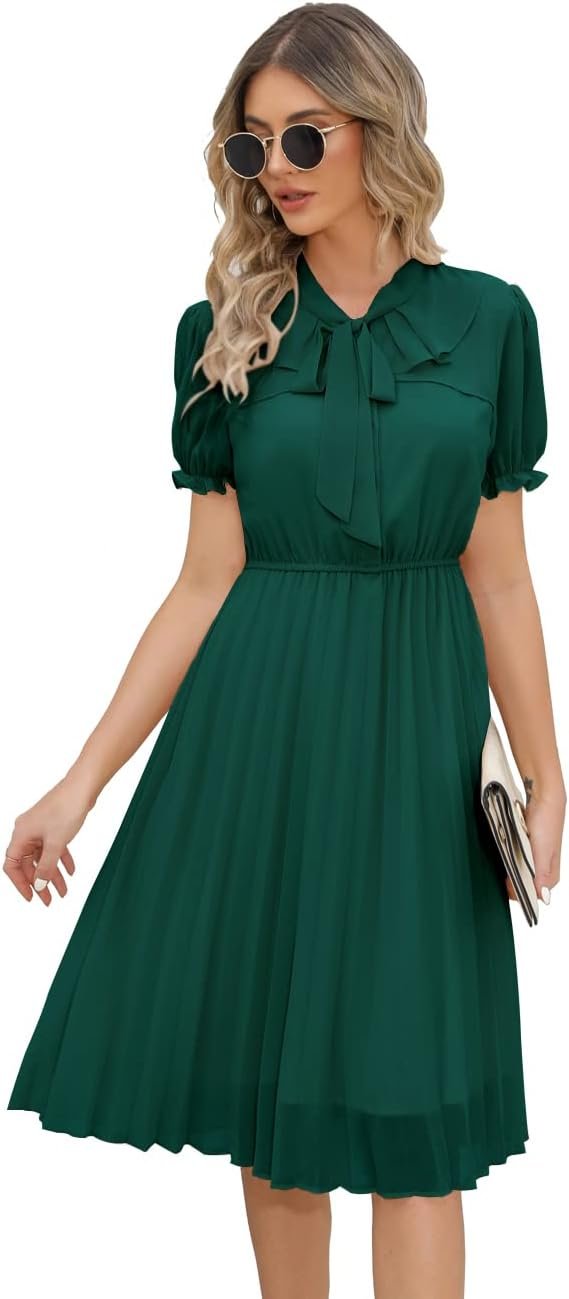 Saonta  Work Dresses for Women 2023 Long Sleeves Chiffon Black Dress Retro Pleated Buttons Down Bow Tie Loose Causal Dresses