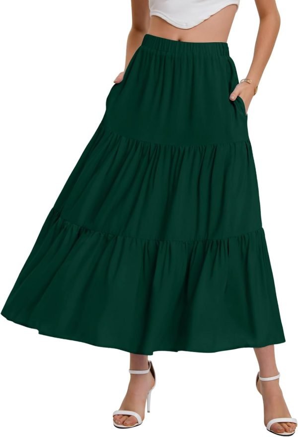 Saonta  Women??s Summer Boho Elastic Waist A-Line Beach Flowy Swing Ruffle Hem Tiered Maxi Skirt with Pockets