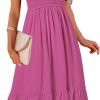Saonta  Women's Summer Casual V Neck Ruffle Sleeve Smocked High Waist Midi Dress with Pockets