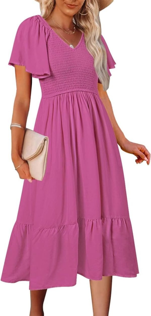 Saonta  Women's Summer Casual V Neck Ruffle Sleeve Smocked High Waist Midi Dress with Pockets