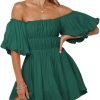 Saonta  Womens Off The Shoulder Summer Dresses 2024 Short Lantern Sleeve Ruffle Elastic Waist A-Line Casual Mini Dress