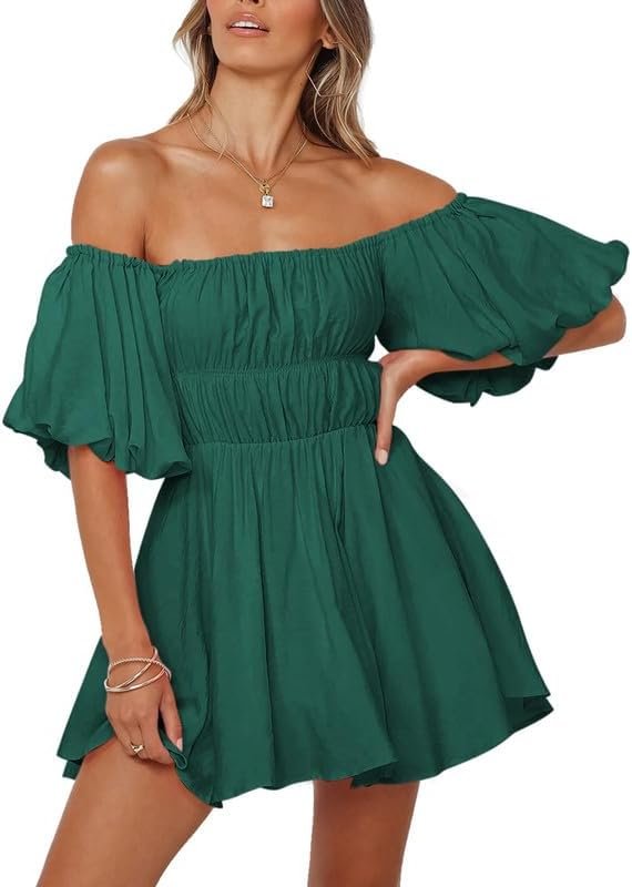 Saonta  Womens Off The Shoulder Summer Dresses 2024 Short Lantern Sleeve Ruffle Elastic Waist A-Line Casual Mini Dress