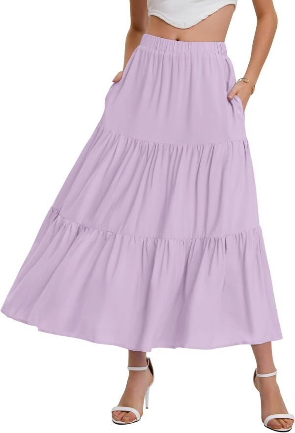 Saonta  Women??s Summer Boho Elastic Waist A-Line Beach Flowy Swing Ruffle Hem Tiered Maxi Skirt with Pockets