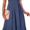 Saonta  Women's Summer Casual V Neck Ruffle Sleeve Smocked High Waist Midi Dress with Pockets
