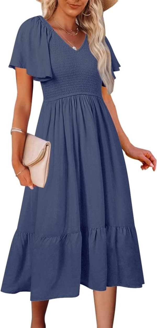 Saonta  Women's Summer Casual V Neck Ruffle Sleeve Smocked High Waist Midi Dress with Pockets