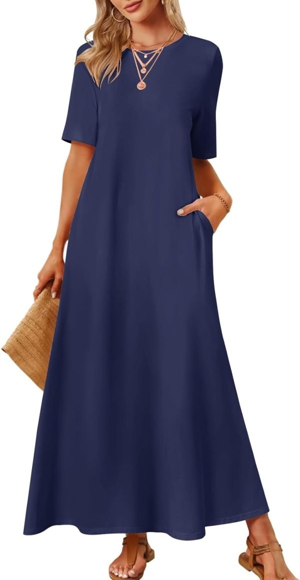 Saonta  Women's 2024 Summer Short Sleeve Maxi Dress Casual Crewneck Swing A Line Long T Shirt Dress with Pockets