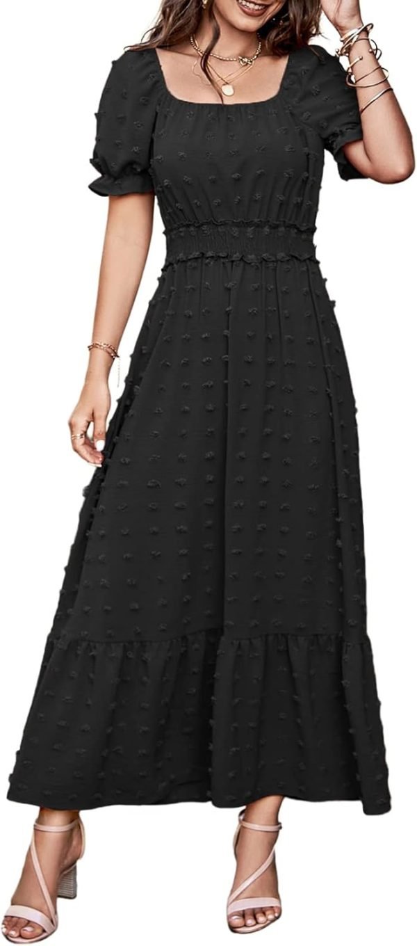 Saonta  Womens 2024 Puff Short Sleeve Square Neck Swiss Dot Smocked Waist Ruffle Hem Tiered Long Dress