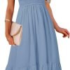 Saonta  Women's Summer Casual V Neck Ruffle Sleeve Smocked High Waist Midi Dress with Pockets