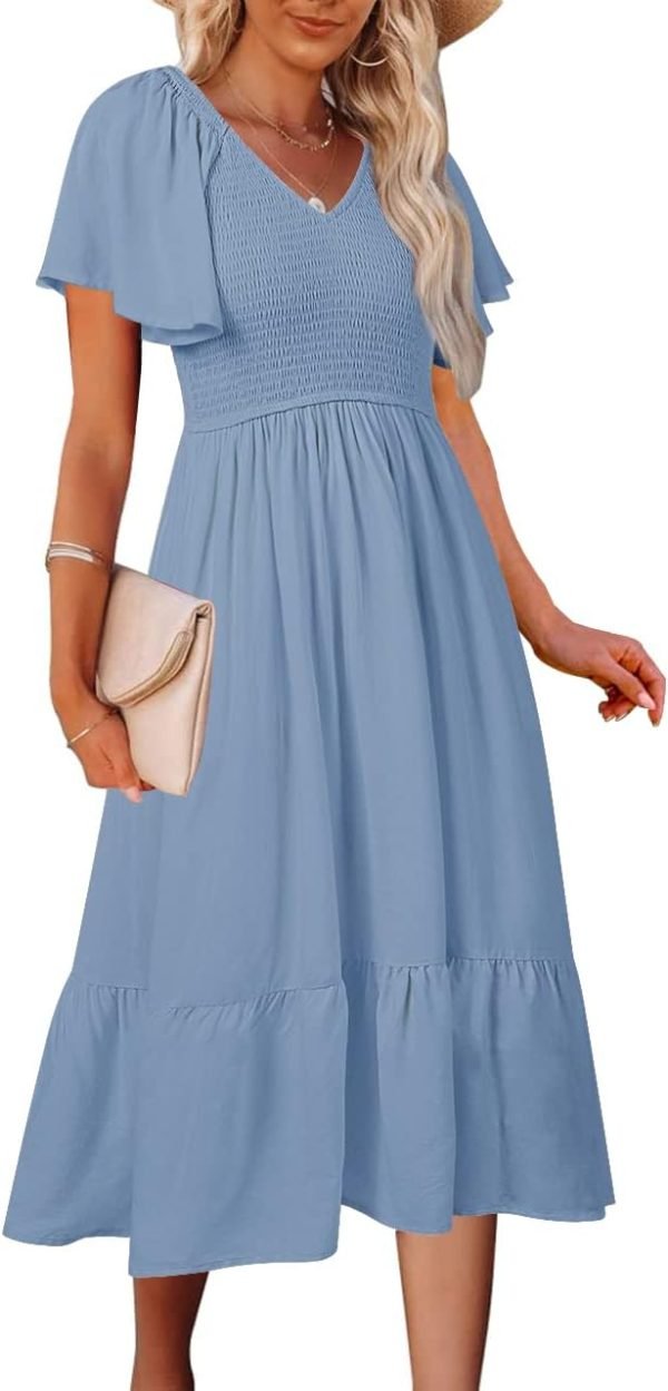 Saonta  Women's Summer Casual V Neck Ruffle Sleeve Smocked High Waist Midi Dress with Pockets