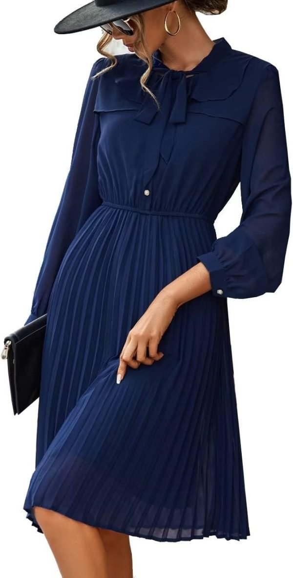 Saonta  Work Dresses for Women 2023 Long Sleeves Chiffon Black Dress Retro Pleated Buttons Down Bow Tie Loose Causal Dresses