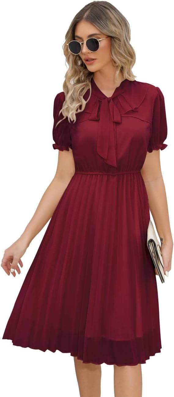 Saonta  Work Dresses for Women 2023 Long Sleeves Chiffon Black Dress Retro Pleated Buttons Down Bow Tie Loose Causal Dresses