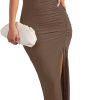 Saonta  Women's Cap Sleeve Mock Neck Midi Dress High Slit Bodycon Ruched Sexy Cocktail Party Dresses